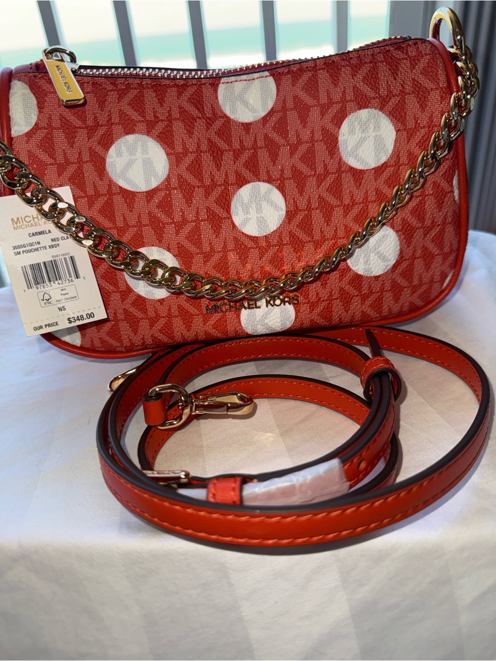 NWT - Michael Kors Red Polka Dot Logo Crossbody with Gold Chain.